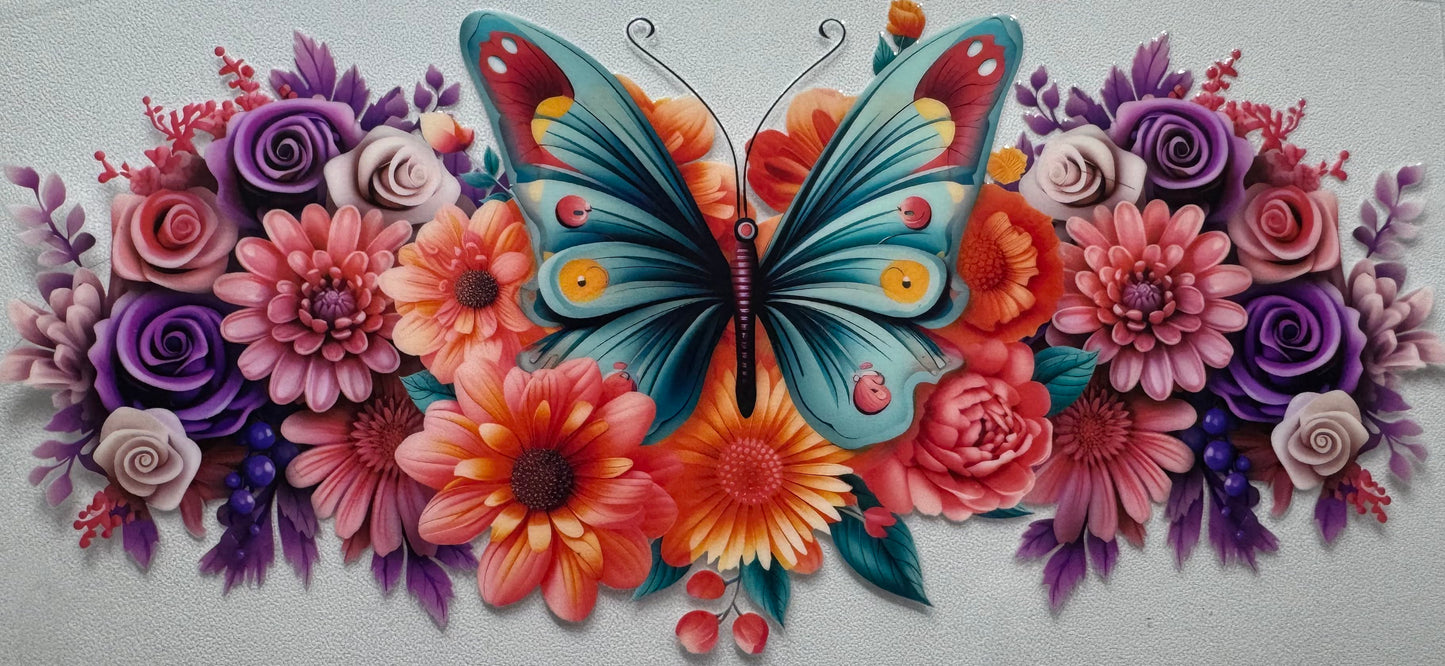 Teal Butterfly and Flowers