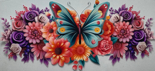 Teal Butterfly and Flowers